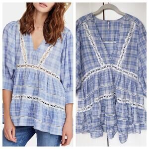 Free People Time Out Lace Tunic SMALL Blue White Plaid Top Blouse. Cottage Core